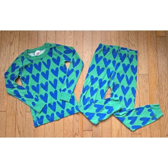 Hanna Andersson Valentine's Pajama Set Size 6-7 Pj's Blue Green Hearts Organic - Picture 1 of 6